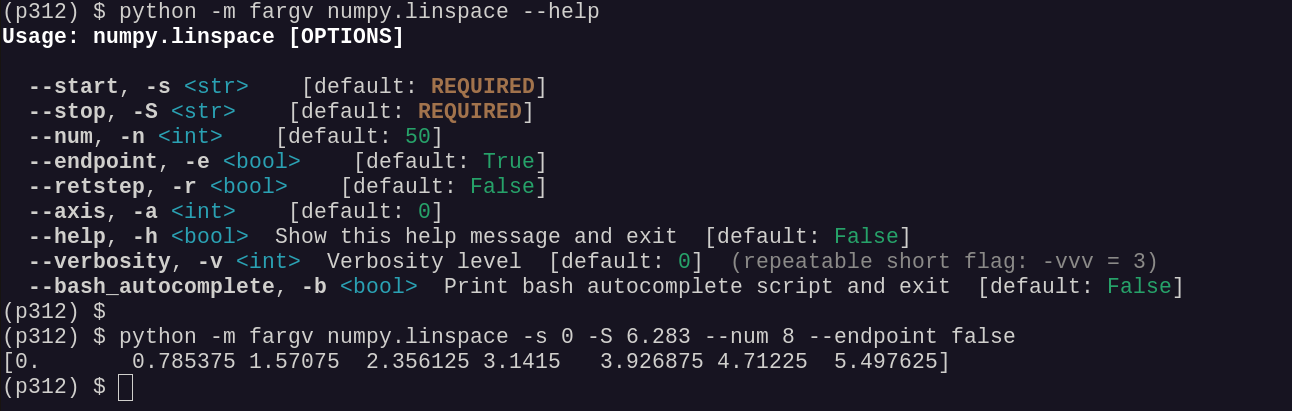 python -m fargv numpy.linspace in a terminal